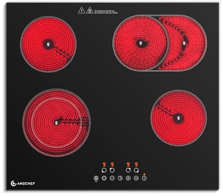 AMZCHEF Plaque Vitrocéramique 4 Feux 7200W, Table de Cuisson Électrique 60 cm, 9 Niveaux de Puissance, Zones Double/Ovale pour Griller, Fonction Pause, Compatible avec tous les Ustensiles de Cuisine