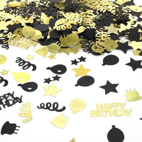 30g Birthday Confetti - Happy Birthday Table Decorations - PVC Glitter Table Scatter Sprinkles with Stars Balloons Cakes Letters - Party Table Decor Black Gold Silver