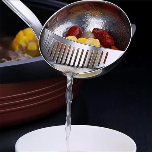 Mestolo da minestra e scolapasta in acciaio inox con manico lungo, strumento da cucina a doppio scopo con filtro rimovibile, ideale per zuppe e brodo (piccolo, 27 x 7,7 cm)