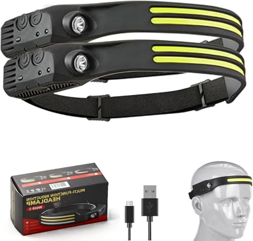 Head Torch Rechargeable, 230° Wide Beam Headtorch with Motion Sensor, 22H Long Lasting Head Torch, Waterproof LED Headlamp Rechargeable for Running Camping Fishing (2, 2 Front LED Lichtleiste)