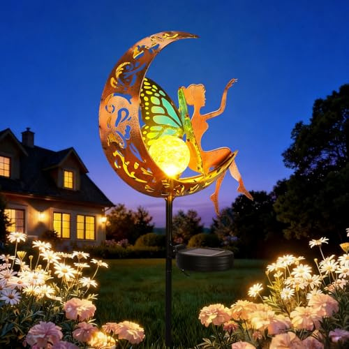 Tremdwoto Solar Garden Lights Outdoor, Metal Fairy Butterfly & Moon Decor - Cracked Glass Solar Stake with Gradient Wings, Gift for Mother's Day, Housewarming, Patio, Yard & Pathway Decorations