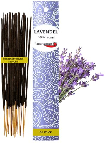 20 Stück – AUROSHIKHA Lavendel – Natürliche indische Räucherstäbchen für Meditation & Entspannung
