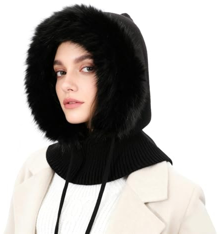 AYPOW Donna Inverno Termico Cappelli in Maglia e Sciarpe, 2 in 1 Caldo Antivento Regolabile Peluche Passamontagna con Scaldacollo, Moda Casual Cappuccio Elasticità Berretto per Sport all'Aria Aperta