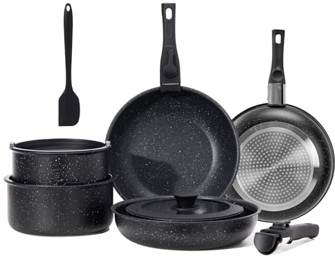 Sweetcrispy 12 pcs Pots and Pans Set, Nonstick Kitchen Induction Cookware Suit with Detachable Handle, Dishwasher Oven Safe, Black