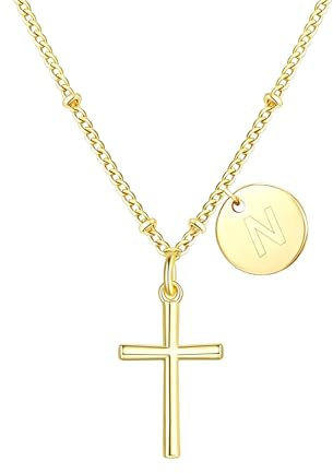 KVeaulse Kreuzkette Damen Gold mit Buchstaben Anhänger | 18K Vergoldung | Personalisierte Kette Mädchen & Teenager | Geschenk zur Kommunion & Geburtstagsgeschenk | Filigranes Design Goldschmuck