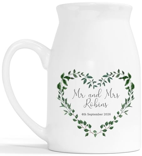 Just Married Flower Vase - Personalised Wedding Gift Ceramic Customised Milk Jug - Eucalyptus Leaf Heart Wreath 2nd Anniversary China Married Couple Keepsake - White 450ml