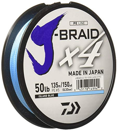 Daiwa, J-Braid X4 geflochtene Schnur, 150 Yards, 22,7 kg, 0,33 cm Durchmesser, Island Blue (JB4U50-150IB)