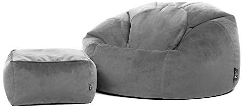 Icon Kingston Sitzsack mit Hocker Samt, Dunkelgrau, Sitzsack Erwachsene mit Füllung, Bean Bag, Samt Sessel, Lounge Sessel, Lounge Stuhl, Schlafzimmer, Wohnzimmer, Wohnzimmer Möbel