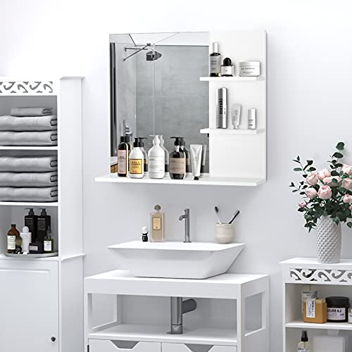 HOMCOM Badrumsspegel med hyllor - 2 sidohyllor + stor bottenhylla - installationssats ingår - MDF vit
