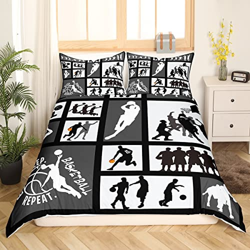 Loussiesd Jungen Basketball Bettwäsche Set 135x200cm Basketball Wettkampfspiele Kinder Bettbezug Set Jugendliche Herren Sport Thema Betten Set Geometrisch Schwarz Dekor Schlafzimmer Kollektion 2St