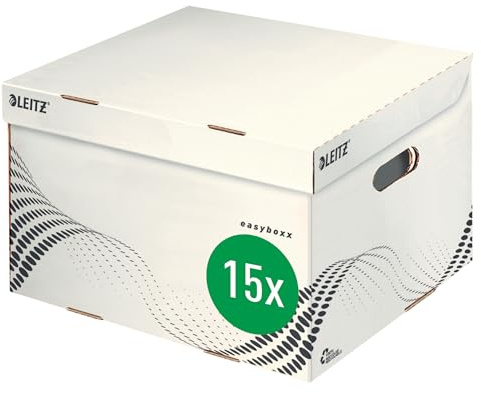 Leitz easyboxx Aufbewahrungs- und Transport-Schachtel, Größe M, Schachtel für Leitz easyboxx A4 Archiv-Schachteln 3 x 100 mm/2 x 150 mm, Transportbox mit Deckel Oben, 15 Stück, Weiß/Schwarz, 61360000