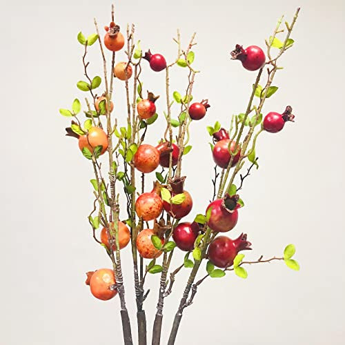Riaxuebiy 26 Pulgadas Largo Rama de árbol de Granada Artificial,Bayas de Rosa Ramo con Hoja Verde Simulación Fruta Flor Accesorios para Mesa Navidad Centro Pieza Florero Decoración (Rojo+Naranja, 4)