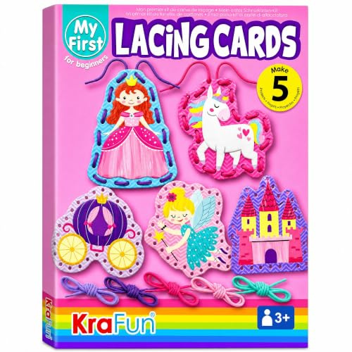 KRAFUN Prinzessin Schnürkarten für Kinder ab 3 Jahren, 5er | 5 Prinzessin- und Einhorn-Schnürkarten. Fördert Feinmotorik. Anleitung für Vorschulkinder inklusive