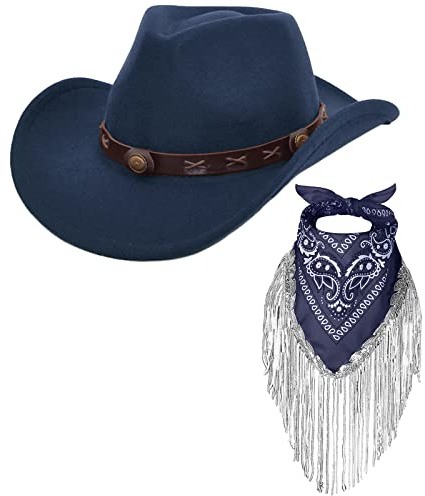 Erogeen Cowboy Hat with Fringed Bandana Set for Women Wide Brim Western Cowgirl Hat Paisley Head Wrap Scarf (Navy)