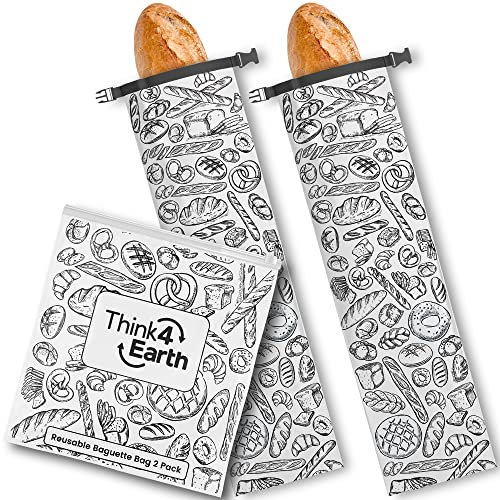 THINK4EARTH - 2 Packs Baguette Bags, Baguette Bags for Homemade Bread Loaf, Freezer Bread Storage Bag, Bread Container, Reusable Food Storage Bag, Large Baguette Bags for Homemade Bread with Double Lining. (White)
