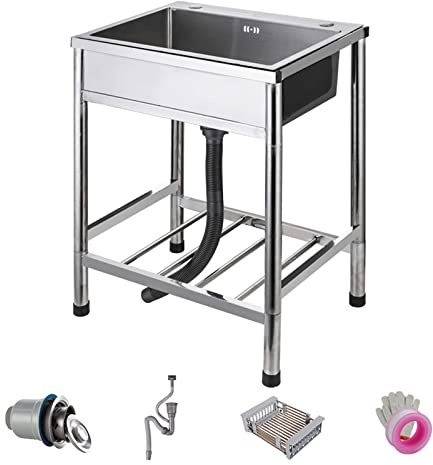 Hand Wash Basin with Stand Freestanding Stainless Steel Commercial Restaurant Kitchen Sink Set for Laundry Room Garage Kitchen Outdoor Indoor (65x45cm)