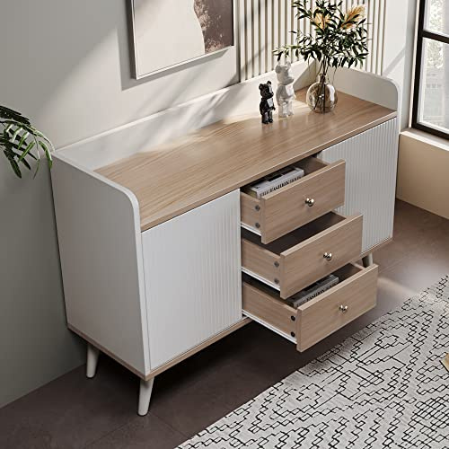 Sweiko - Commode avec 2 portes et 3 tiroirs - En rotin - Avec tiroirs - Buffet avec étagère réglable - En bois - Armoire polyvalente pour couloir, chambre, salon, salle de bain