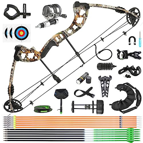 SHARROW Bogenfischen Compound Bogen und Pfeile Set 30-55lbs Einstellbare Jagd Angeln Bogen mit Bowfishing Pfeile und Angelrolle Kits RH/LH für Bogenschießen Jagd (Rechte Hand, Camo)