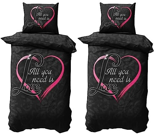 Leonado Vicenti Partner Bettwäsche 135x200 Microfaser 4 teilig Herz in Pink und Love Fotodruck mit Reißverschluss Schwarz