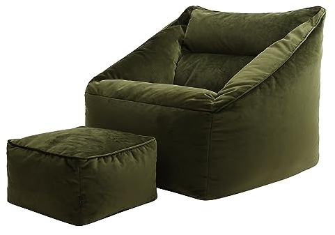 Icon Natalia Sitzsack Sessel mit Hocker für Erwachsene, Olivgrün, Flauschiger Samtstoff, Riesen Sitzsack Samt mit Füllung, Bean Bag Chair, Bequemer Sessel Wohnzimmer, Lounge, Schlafzimmer, Büro