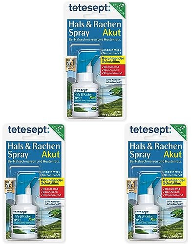tetesept Hals & Rachen Spray – Spray mit Isländisch Moos und Dexpanthenol - zur Befeuchtung & Linderung bei Halsschmerzen, Husten und Heiserkeit – 1 x 30 ml (Packung mit 3)