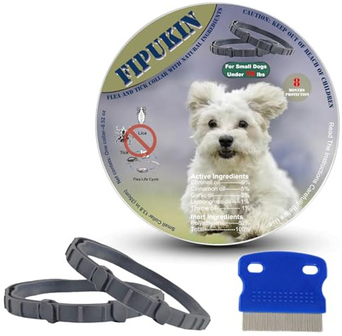 FIPUKIN Flea and Tick Collar for Small Dogs, 2‑Pack | 8‑Month Waterproof Protection with Natural Essential Oils | Includes Comb