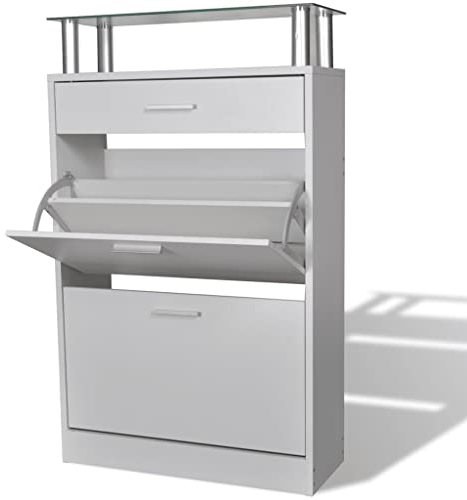 CINDERFUL Schuhschrank mit Schubfach und oberem Glasregal Holz Weiß,