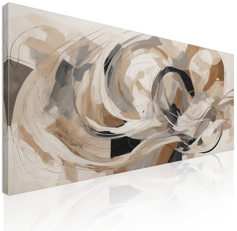 CheQuadro! Quadro astratto moderno orizzontale, decorazione da parete Vortice di Colori Beige e Nero intelaiato pronto da appendere absh39-170x80 cm