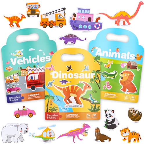 Zhufas 3 Pack Wiederverwendbares 3D-Flausch-Stickerbuch für Kinder 3-6, Sticker Wiederverwendbare Kinder, Gelee-Sticker-Spiel, Pädagogisches Sensorisches Lernspielzeug mit Kreativen Szenen, Reisen