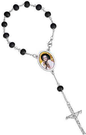 Custom4U Bracelet Catholique Chapelet Femme Photo Personnalisable Acier Inoxydable Bracelet Croix Chrétienne Baptême Amulette