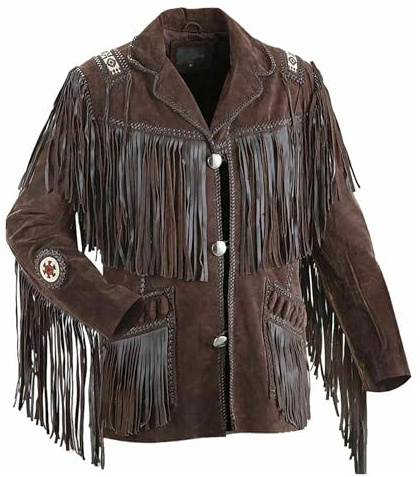 Rumble Products Giacca tradizionale da cowboy western da uomo | pelle scamosciata nativa americana | giacca con perline e frange, Marrone scuro, 5X-Large