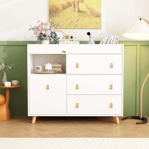 PIAOMTIEE Changing Table Dresser, Baby Nursery Dresser with 3 Drawers and Shelf, Top Guardrail and Large Storage Cabinet, Hidden Trash Storage, Baby Changing Dressers for Nursery Room, White