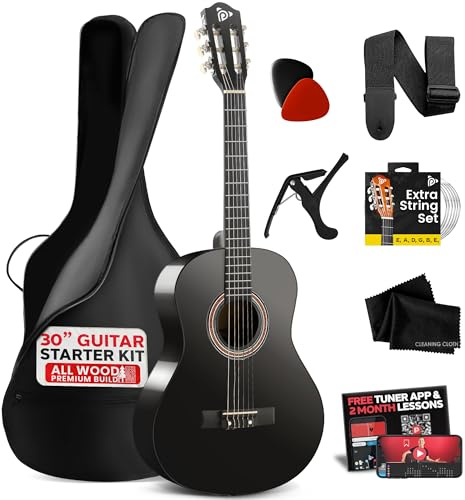 Pyle Beginner Acoustic Guitar, Junior Size 76 cm, All Wood Build Nylon String with Capo Strap, Extra String Set, and Gig Bag Acoustic, For Kids Adults Youth Classical Kit Black Gloss