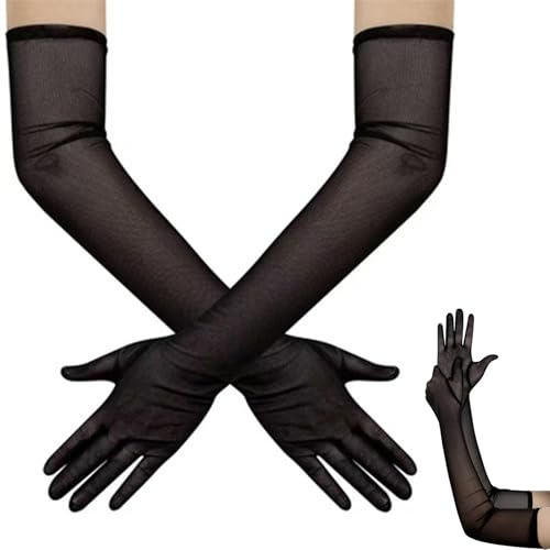BFUZXY Damen 55 cm Lange Schwarze Tüll Handschuhe für Kostüme, Hochzeiten, Partys & Opernaufführungen, Elegante Nylon Armstulpen, Schwarz, Größe 21