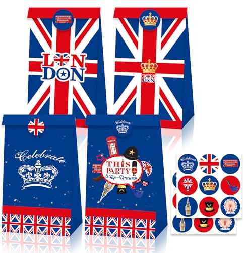 12Pcs Union Jack Flag Gift Bags Paper Party Bag for VE Day 80th Anniversary Decorations,British UK Flag Kraft Paper Bags with Stickers for Presents,80 Years Victory In Europe Union Jack Party Supplies