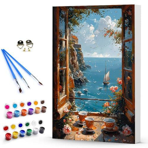 Malen Nach Zahlen MöWe Segelboot Malen Nach Zahlen Kinde, Anfänger, Kreatives für Erwachsene Leinwand öLgemäld Kit, Mit 3 - Pinseln und Acrylfarbe, Frauen Home Deko Geschenk 40 x 60 cm -TL25030K