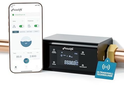 Moniteur d'eau Intelligent et arrêt Automatique Frizzlife LP365 - Détection ultrasonique des microfuites de 0,04 L/Min, Commande à Distance Wi-FI/APP, Surveillance en Temps réel du débit/ température