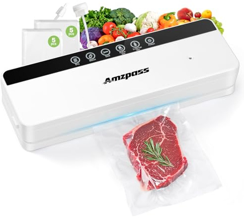 Amzpass Vacuum Sealer for Food, 6-in-1 Food Vacuum Sealer Machine, 80kpa Suction Power Food Sealer Vacuum Sealer, Compact Vacuum Sealers with 10 Vacuum Bags, External VAC for Jars & Containers, White