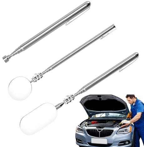 Frfik Teleskop Inspektionsspiegel - Mechanischer Autospiegel, Spiegel Werkzeug Geocaching - Klappbarer Edelstahlspiegel mit ergonomischem Griff für Kfz-Wartung, Hausreparaturen und schwer zugängliche