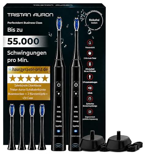 Elektrische Schallzahnbürste 55000 Schwingungen, risikofrei 100 Tage testen | Tristan Auron Business Class Doppelpack (schwarz), Beste Reisezahnbürste,60 Tage Akku,5 Modi, IPX7 Wasserdicht,4 Bürstenköpfe