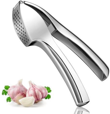 Woobroo Premium Garlic Press, Heavy Duty Garlic Crusher and Mincer, Crush Garlic and Ginger Effortlessly, No Need to Peel, Rust Proof, Easy to Clean, Dishwasher Safe, Silver