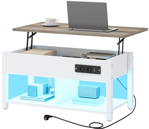 TAUS Couchtisch Höhenverstellbar mit Stauraum, LED Wohnzimmertisch mit Anhebbarer Platte, Offener und Versteckter Stauraum, Steckdose, Kaffeetisch für Wohnzimmer, Weiß und Grau