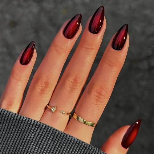 KQueenest Blush Red Black Press on Nails Medium Almond, French Tip False Nails Stiletto, Gradient Dark Red Fake Nails Press ons, Perfectly Fit, Reusable Gel Stick on Nail for Women 24 Pcs