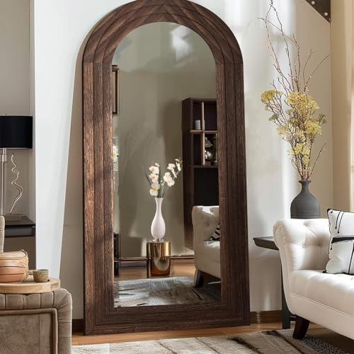 MAXEN Großer Bogen Ganzkörperspiegel 180x80 cm, Mit Massivholzrahmen | Bruchsicheres Glas, Gewölbter Standspiegel Und Wandspiegel Im Bauernhaus-Stil, Für Schlafzimmer Und Wohnzimmer, Braun