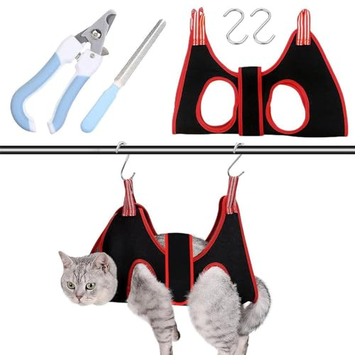 RQcMid Katzen Krallenschneider, 5-teiliges Set Mit Ergonomischem Griff, Katzenzubehör Für Schonendes Krallenschneiden, Krallenpflege Für Katzen Und Hunde, Schwarz-rot