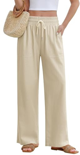 PASUDA Pantaloni Donna Estivi Lino Pantaloni Leggeri Larghi Elastico Vita Alta Lunghi Gamba Dritta Eleganti Pantaloni Palazzo da Spiaggia Jogging Solido Sciolto Casual Comodi con Tasche (Beige, S)