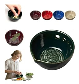 Herb Stripper Bowl with Grater, 2-in-1 Ceramic Herb Stripper and Garlic Grater Bowl, 5 Hole Sizes with Drainage Port, Rustic Stoneware Kitchen Prep Tool Utensil for Ginger/Garlics/Herbs