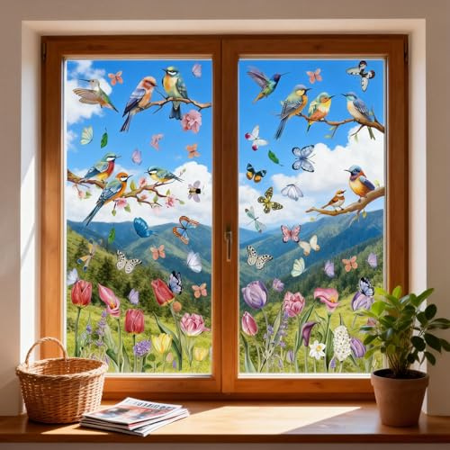 Fensterbilder Frühling, Vögel Blumen Schmetterlinge Frühling Fensterdeko, Fenstersticker Kinder Fenster Deko Selbstklebend Fensterfolie Wiederverwendbar