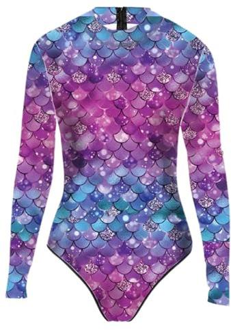 Meerjungfrau Kostüm Damen Oberteil, Langarm Mermaid Badeanzug Meerjungfrauen Body mit Glanz Fischschuppen Print Schwimmanzug Sexy Jumpsuit Einteiler Gymnastikanzug Faschingskostüme Erwachsene