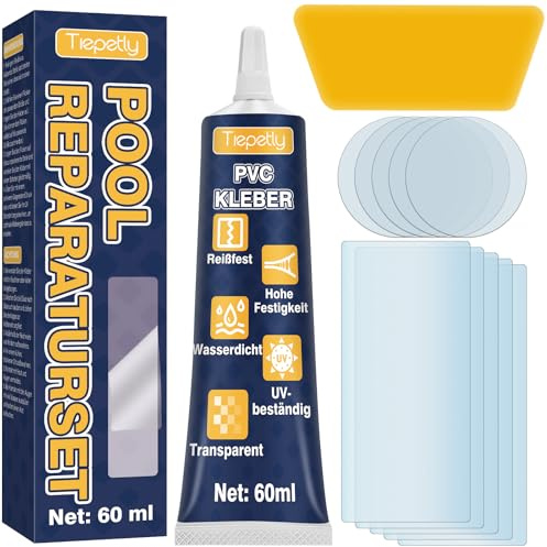 Tiepetly Pool Reparaturset Wasserdicht Transparent, Pool Flicken Reparaturflicken für Pool, Luftmatratze, Schlauchboot, Zelt, PVC, ABS, Eva & Gummi (60ML,1PACK)